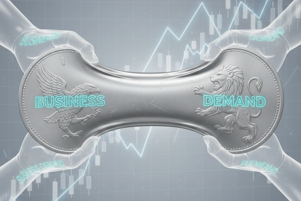 Realistic silver coin being stretched like elastic by industrial and business demand, representing rising silver prices and investment pressure in 2026, with abstract financial charts in the background.
